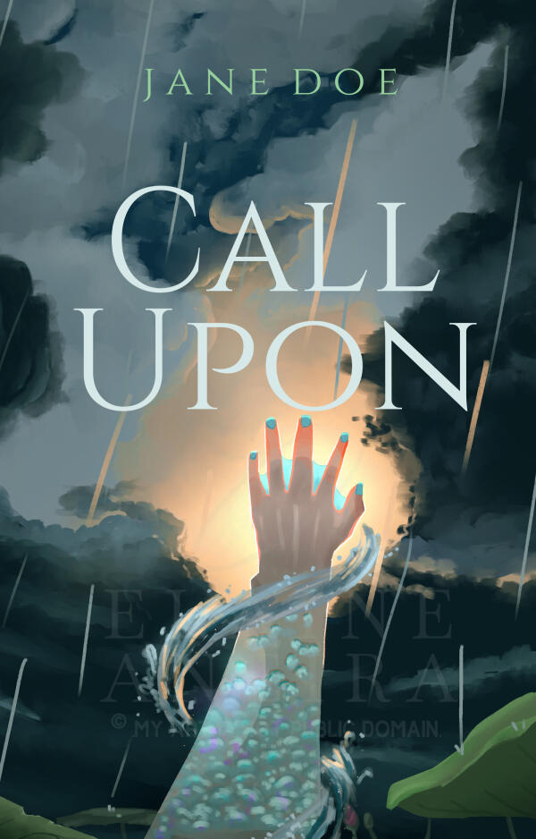 The sky is cloudy, with a bit of sun peeking through. It's raining. A hand reaches out amidst lotus leaves towards the sun. The arm has scales.