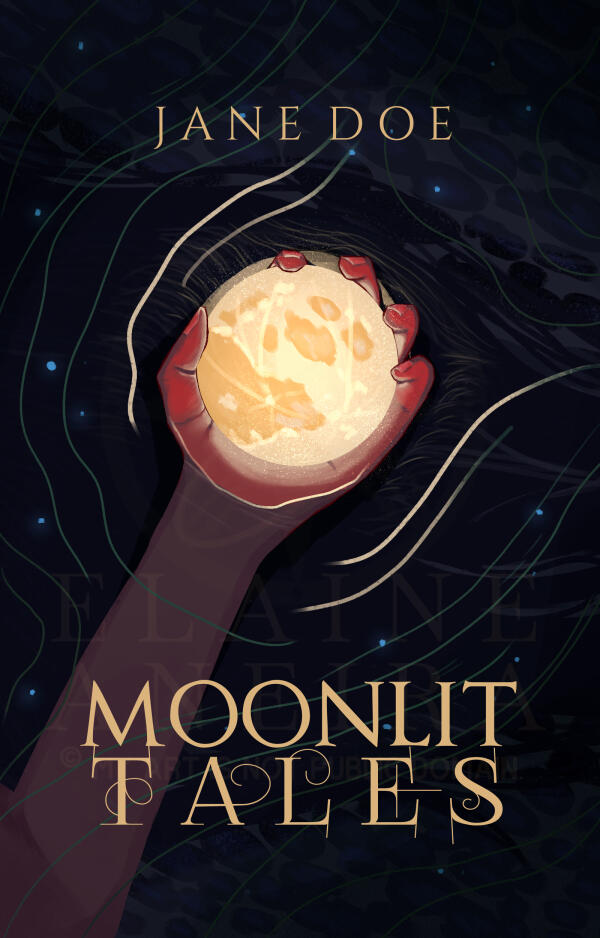 A premade book cover of a hand coming out of a shallow lake. A glowing moon is in their hand.