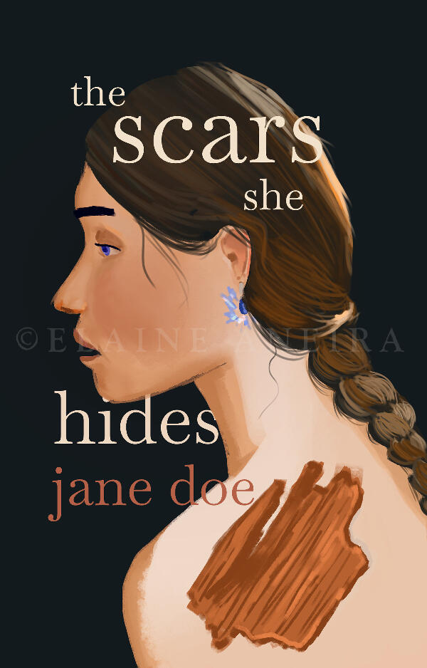 A sideview of a woman with a long braid behind her. There is a scar on her back.