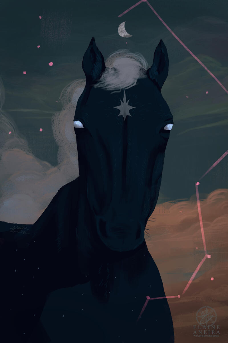 A dark mare with mane of smoke, with silver eyes, with a coat filled with stars. It's a portrait. The background is filled with the sky and clouds. A pink constellation pattern framed the left side of her face.